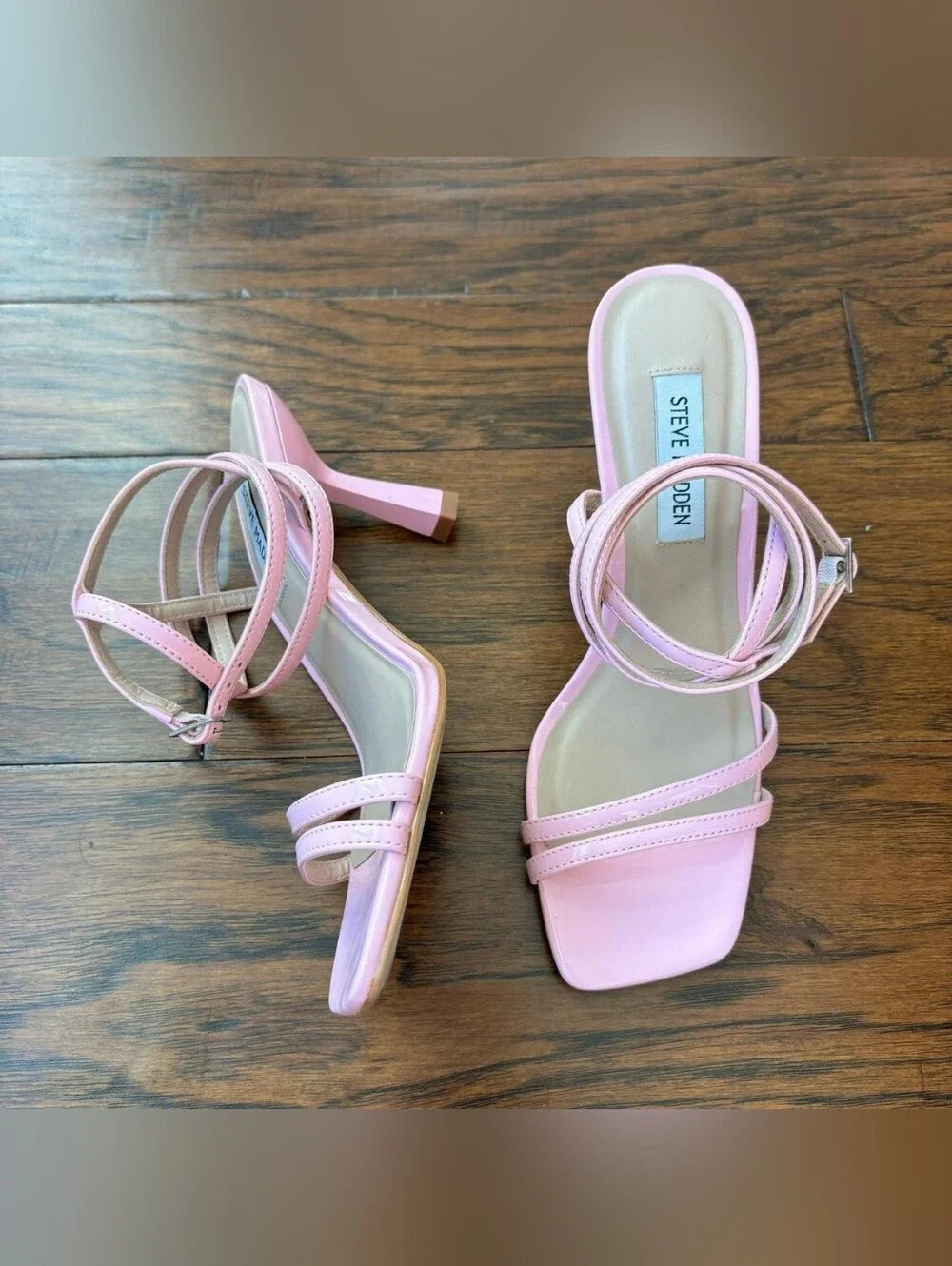 Steve Madden Pink Strappy Square-Toe Ankle-Tie Heels